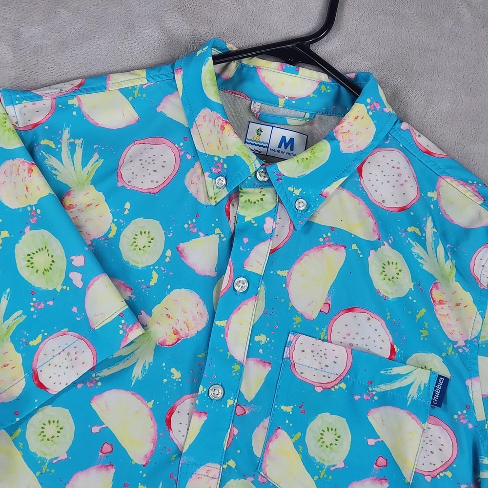 Chubbies Shirt Mens Medium Blue Fruit Hawaiian Short Sleeve Button Up Stretch